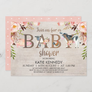 Invitation Floral Rustique Animaux de ferme Baby shower Invit