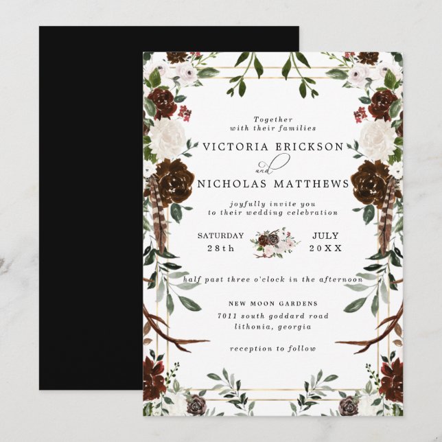 Invitation Floral rustique | Boho Mariage botanique (Devant / Derrière)
