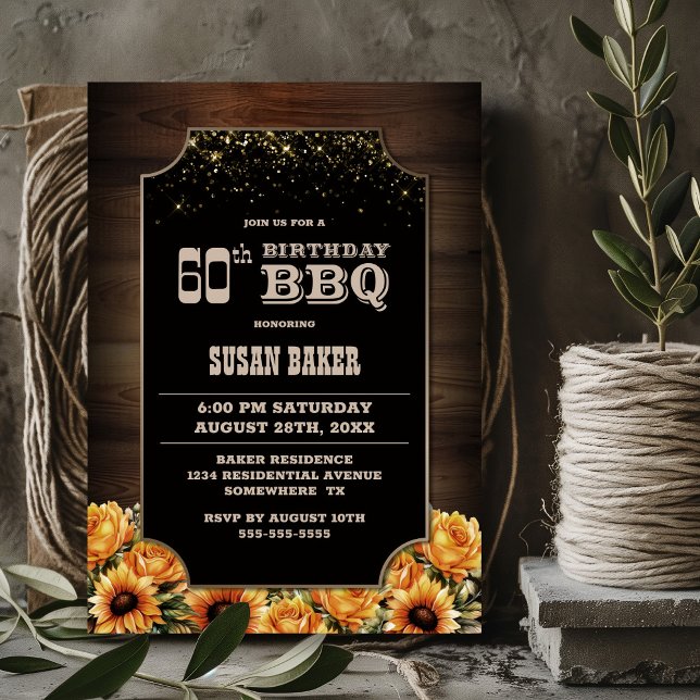 Invitation Floral Rustique Bois 60e anniversaire BBQ (Créateur téléchargé)