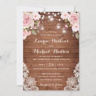 Invitation Floral Rustique Bois Blush Rose Lumières à cordes