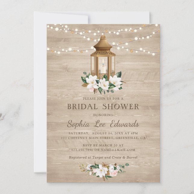 Invitation Floral Rustique Lanterne En Bois Magnolia Éclairag (Devant)