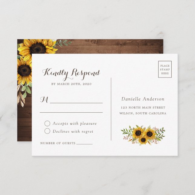 Invitation Floral Rustique Mariage de tournesol de bois RSVP (Devant / Derrière)