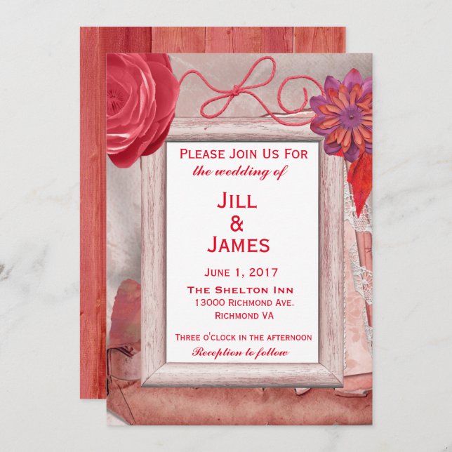 Invitation Floral Rustique Mariage rouge (Devant / Derrière)
