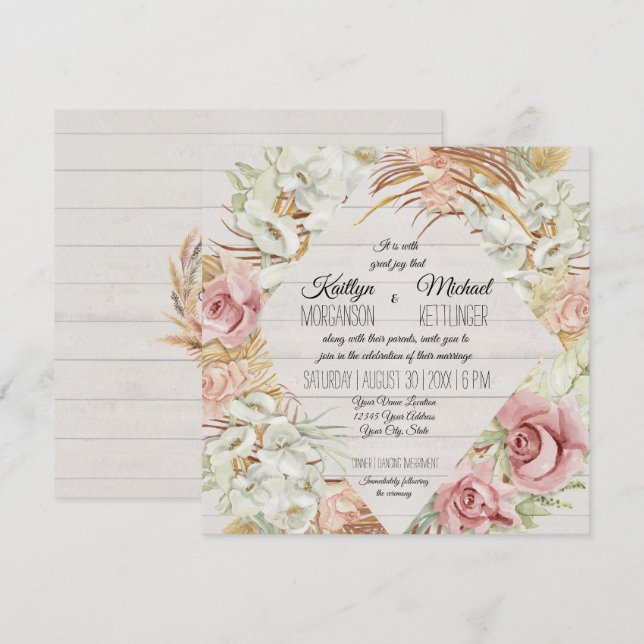Invitation Floral Rustique Pampas Palm Mariage de feuillage (Devant / Derrière)