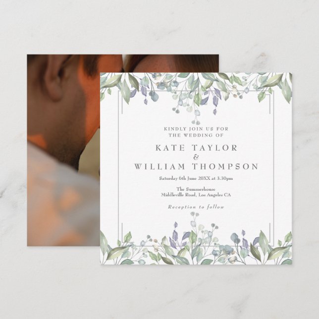 Invitation Floral Sage Et Lilac Carré Mariage Photo (Devant / Derrière)