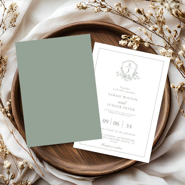 Invitation Floral Sage Green Leafy Crest Monogram Wedding (Créateur téléchargé)