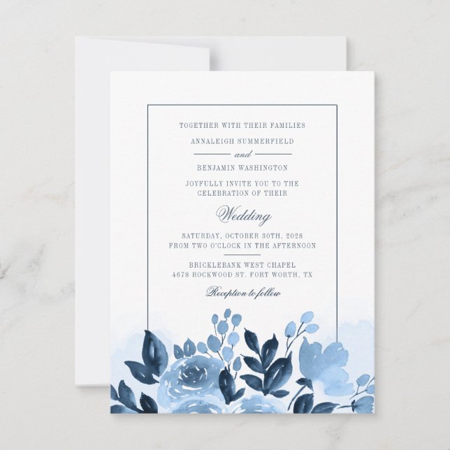 Invitation Floral Script Blue Aquarelle Mariage botanique (Devant)