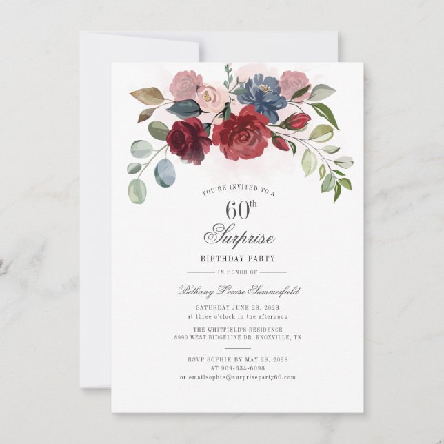 Invitation Floral Script Bourgogne Blush 60e fête d'anniversa (Devant)