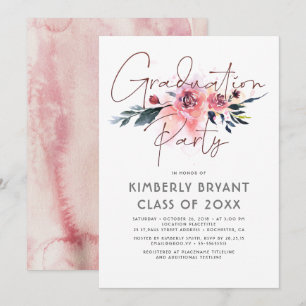 Invitation Floral Script Watercolor Élégante fête de graduati