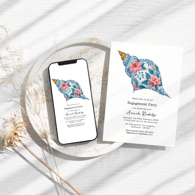 Invitation Floral Seashell Coastal Beach Engagement Party (Floral Seashell Coastal Beach Engagement Party Invitation)