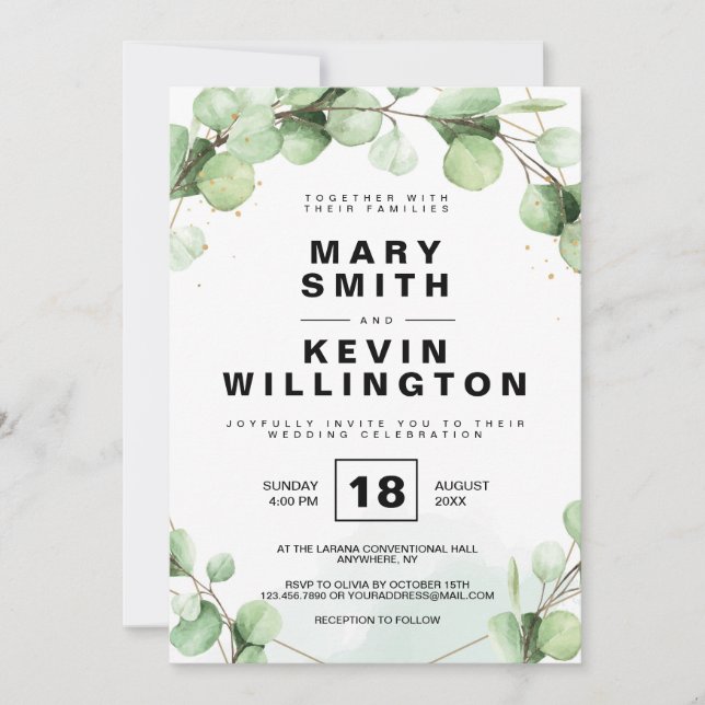 Invitation Floral Simple Rustique Eucaliptus Mariage de verdu (Devant)