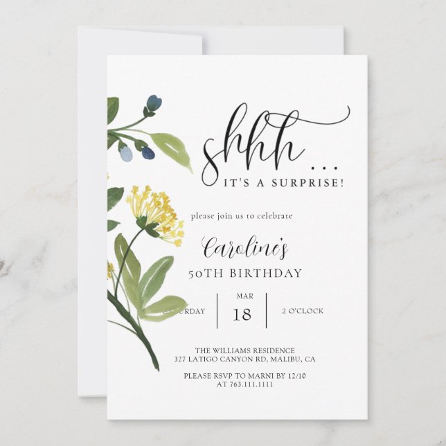 Invitation Floral Simple Surprise fête d'anniversaire (Devant)