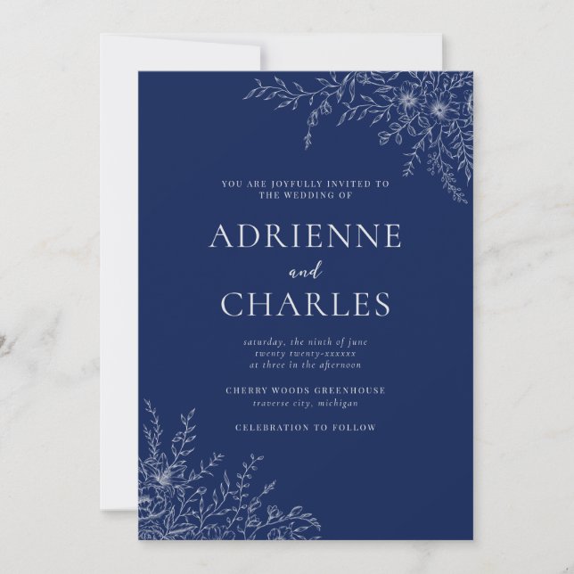 Invitation Floral Simplicity 1 Ink Blue Minimal Wedding (Devant)