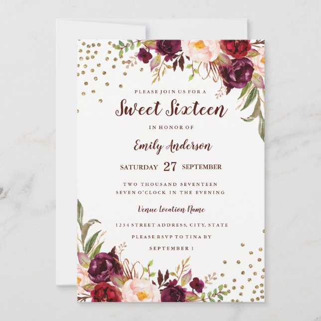 Invitation Floral Sparkle Bourgogne Sweet sixteen rouge Invit (Devant)