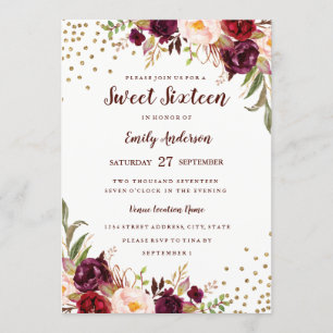 Invitation Floral Sparkle Bourgogne Sweet sixteen rouge Invit