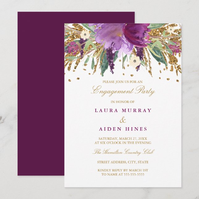 Invitation Floral Sparkling Amethyst Mariage (Devant / Derrière)