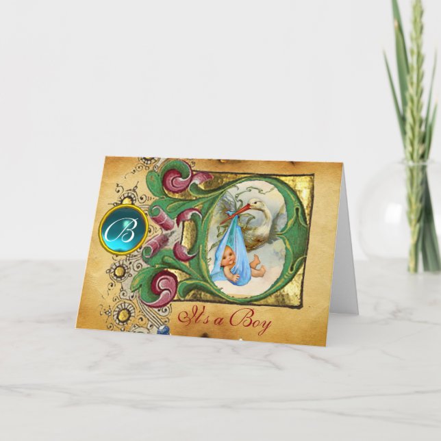 INVITATION FLORAL STORK GARÇON BABY SHOWER BLUE GEM MONOGRAM (Devant)