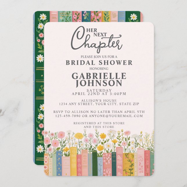 Invitation Floral Storybook Her Next Chapter Bridal Shower  (Devant / Derrière)