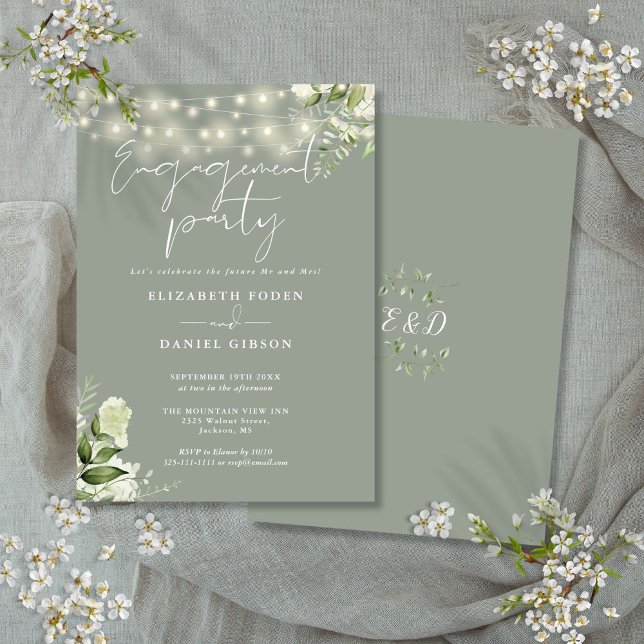 Invitation Floral String Lights Sage Green Engagement Party (Floral String Lights Sage Green Engagement Party Invitation)