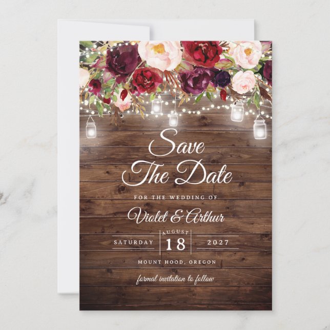 Invitation Floral String Lumières Mariage Enregistrer La Date (Devant)