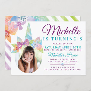 Invitation Floral & Stripe Unicorn Photo Anniversaire Invitat