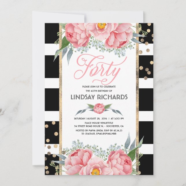 Invitation Floral Stripes Moderne Gold Décor 40 Anniversaire (Devant)