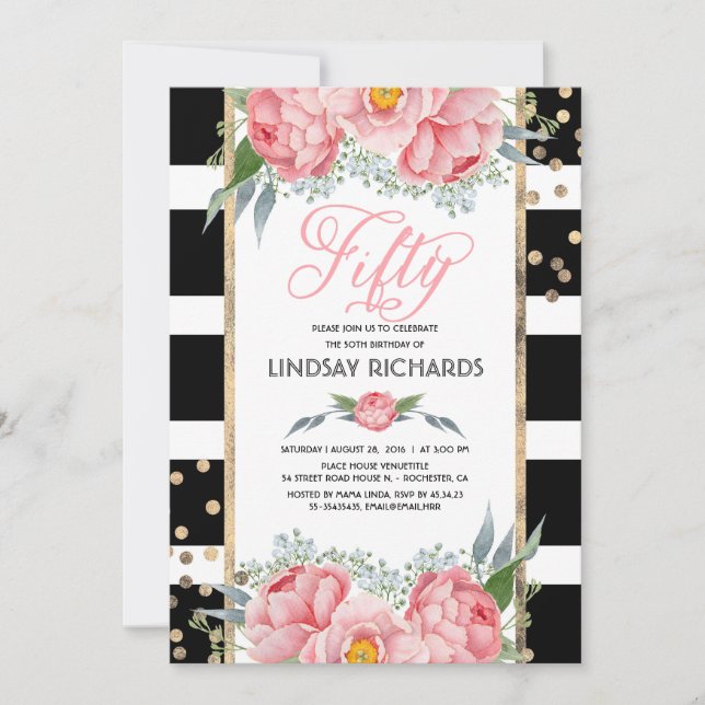 Invitation Floral Stripes Moderne Gold Décor 50 Anniversaire (Devant)