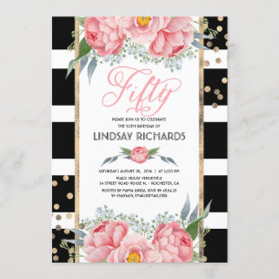Invitation Floral Stripes Moderne Gold Decor 50 Anniversaire
