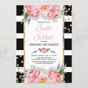 Invitation Floral Stripes Moderne Gold Decor Sweet 16 Anniver