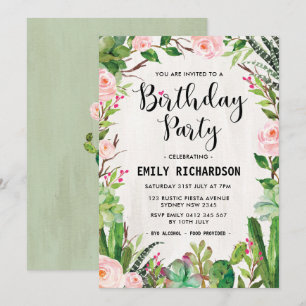 Invitation floral succulent de fête d'anniversaire