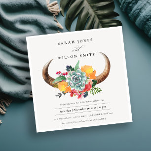 Invitation Floral Succulent Steer Horns Boho Allure Mariage