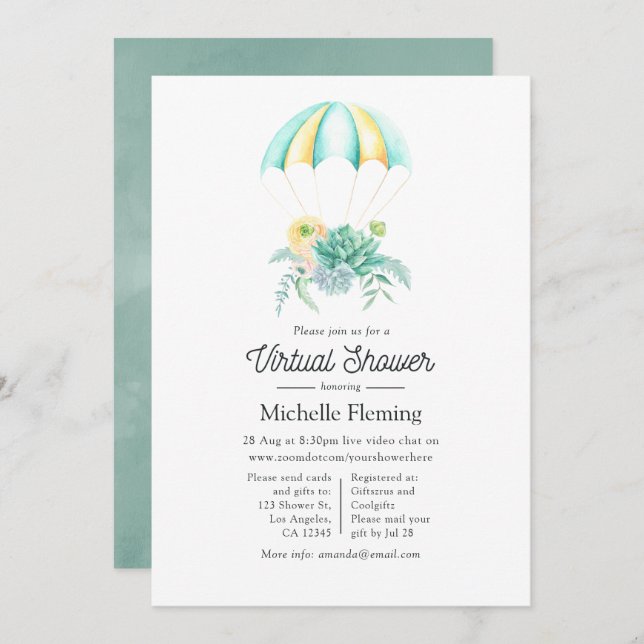 Invitation Floral Succulents Parachute Baby shower virtuel (Devant / Derrière)