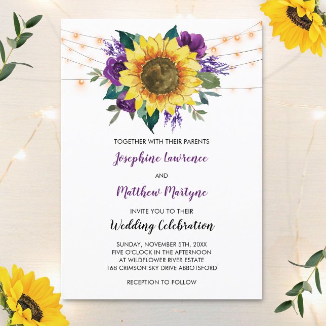 Invitation Floral Sunflower Purple Rose Lights Rustic Wedding (Créateur téléchargé)