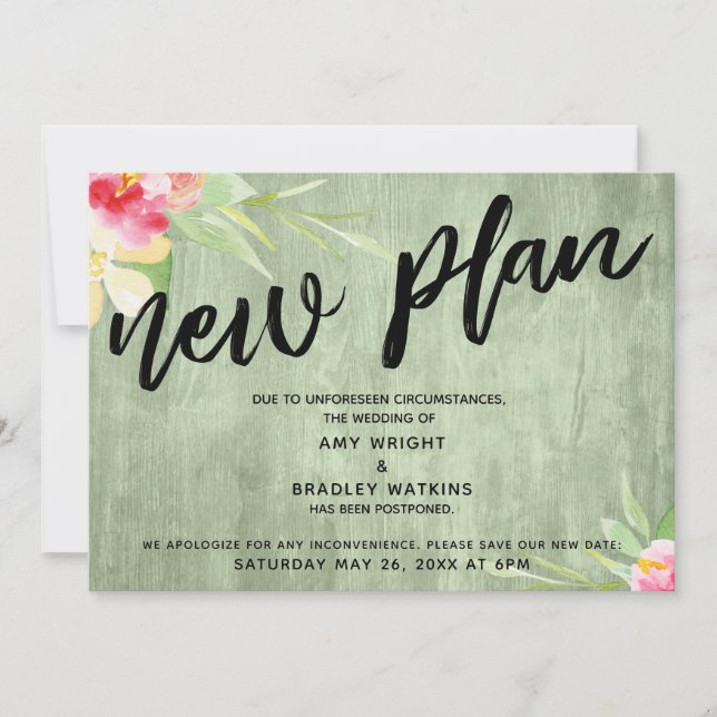 Invitation Floral sur bois vert "Nouveau plan" Mariage report (Devant)