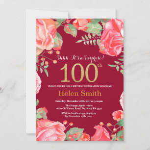 Invitation Floral Surprise 100e Anniversaire Or Bourgogne Rou