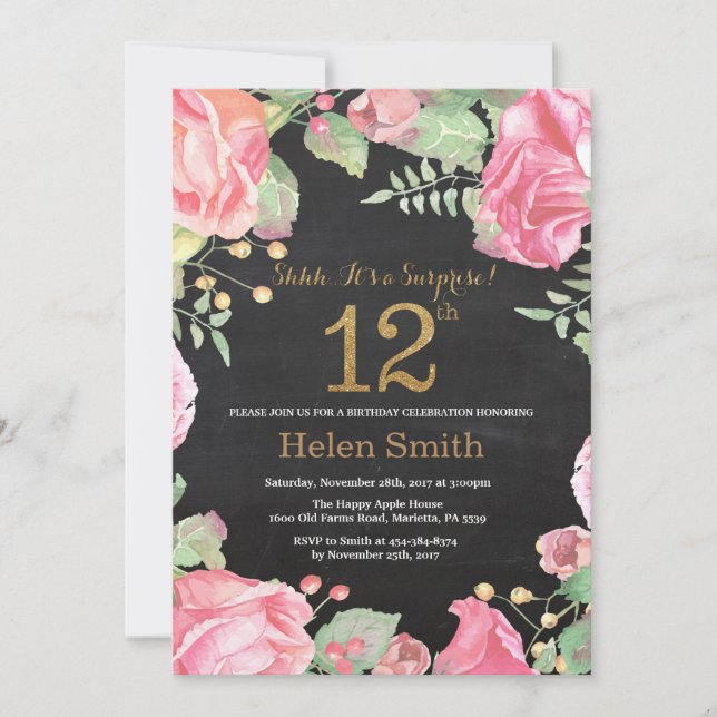 Invitation Floral Surprise 12e anniversaire Parties scintilla (Devant)