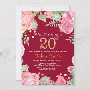 Invitation Floral Surprise 20e Anniversaire Or Bourgogne Roug
