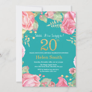 Invitation Floral Surprise 20e Anniversaire Or et Turquoise