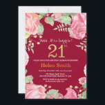 Invitation Floral Surprise 21e Anniversaire Or Bourgogne Roug<br><div class="desc">Floral Surprise 21e Invitation d'anniversaire pour les femmes. Aquarelle Fleurie Botanique. Parties scintillant or. Pies Roses Fleurs Florales. Anniversaire adulte. Arrière - plan rouge de Bourgogne. Pour plus de personnalisation,  cliquez sur le bouton "Customiser" et utilisez notre outil de conception pour modifier ce modèle.</div>