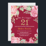 Invitation Floral Surprise 21e Anniversaire Or Bourgogne Roug<br><div class="desc">Floral Surprise 21e Invitation d'anniversaire pour les femmes. Aquarelle Fleurie Botanique. Parties scintillant or. Pies Roses Fleurs Florales. Anniversaire adulte. Arrière - plan rouge de Bourgogne. Pour plus de personnalisation,  cliquez sur le bouton "Customiser" et utilisez notre outil de conception pour modifier ce modèle.</div>