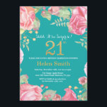 Invitation Floral Surprise 21e Anniversaire Or et Turquoise<br><div class="desc">Floral Surprise 21e Invitation d'anniversaire pour les femmes. Aquarelle Fleurie Botanique. Parties scintillant or. Pies Roses Fleurs Florales. Anniversaire adulte. Arrière - plan turquoise Aqua Turquoise. Pour plus de personnalisation,  cliquez sur le bouton "Customiser" et utilisez notre outil de conception pour modifier ce modèle.</div>