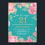 Invitation Floral Surprise 21e Anniversaire Or et Turquoise<br><div class="desc">Floral Surprise 21e Invitation d'anniversaire pour les femmes. Aquarelle Fleurie Botanique. Parties scintillant or. Pies Roses Fleurs Florales. Anniversaire adulte. Arrière - plan turquoise Aqua Turquoise. Pour plus de personnalisation,  cliquez sur le bouton "Customiser" et utilisez notre outil de conception pour modifier ce modèle.</div>
