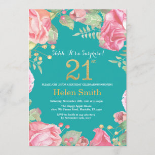 Invitation Floral Surprise 21e Anniversaire Or et Turquoise