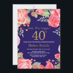 Invitation Floral Surprise 40e anniversaire Gold Parties scin<br><div class="desc">Red Floral Surprise 40th Birthday Invitation for Women. Aquarelle Fleurie Botanique. Parties scintillant or. Pies Roses Fleurs Florales. Anniversaire adulte. Arrière - plan bleu marine. Pour plus de personnalisation,  cliquez sur le bouton "Customiser" et utilisez notre outil de conception pour modifier ce modèle.</div>