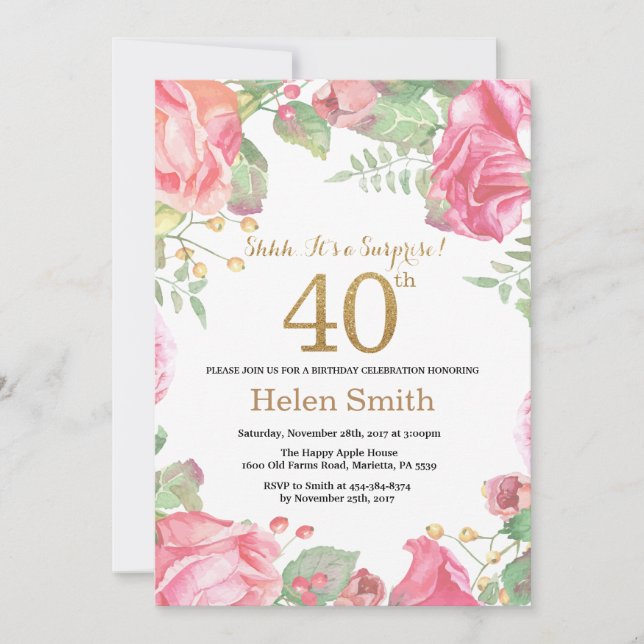 Invitation Floral Surprise 40e anniversaire Parties scintilla (Devant)