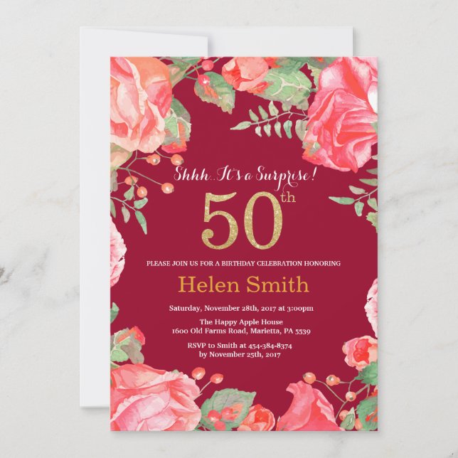 Invitation Floral Surprise 50e anniversaire Gold Burgundy Red (Devant)