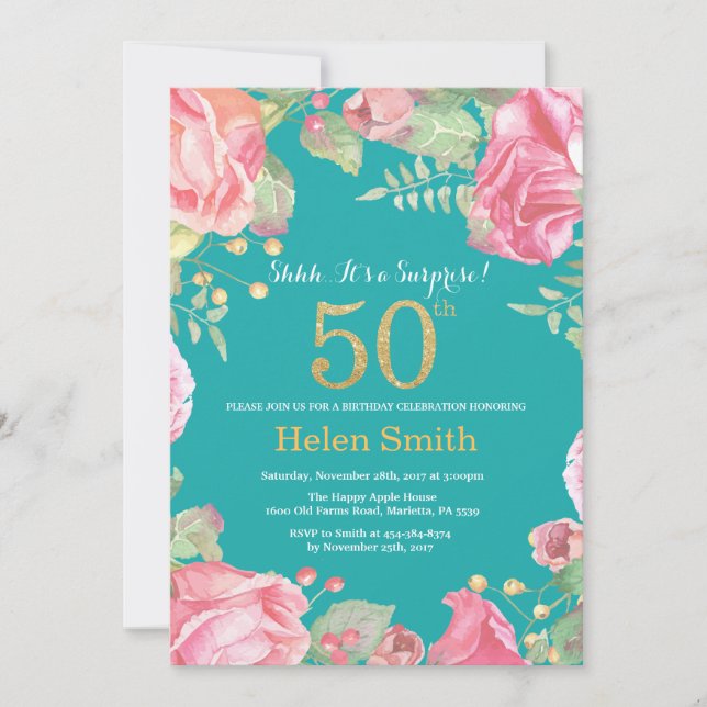 Invitation Floral Surprise 50e Anniversaire Or et Turquoise (Devant)
