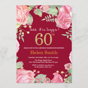 Invitation Floral Surprise 60e anniversaire Gold Burgundy Red