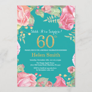 Invitation Floral Surprise 60e Anniversaire Or et Turquoise