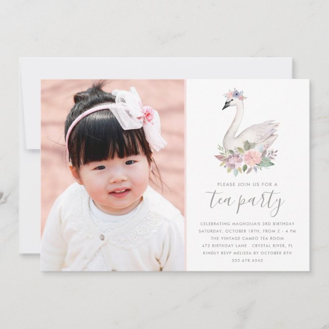 Invitation Floral Swan Princess Anniversaire Photo Tea Party (Devant)